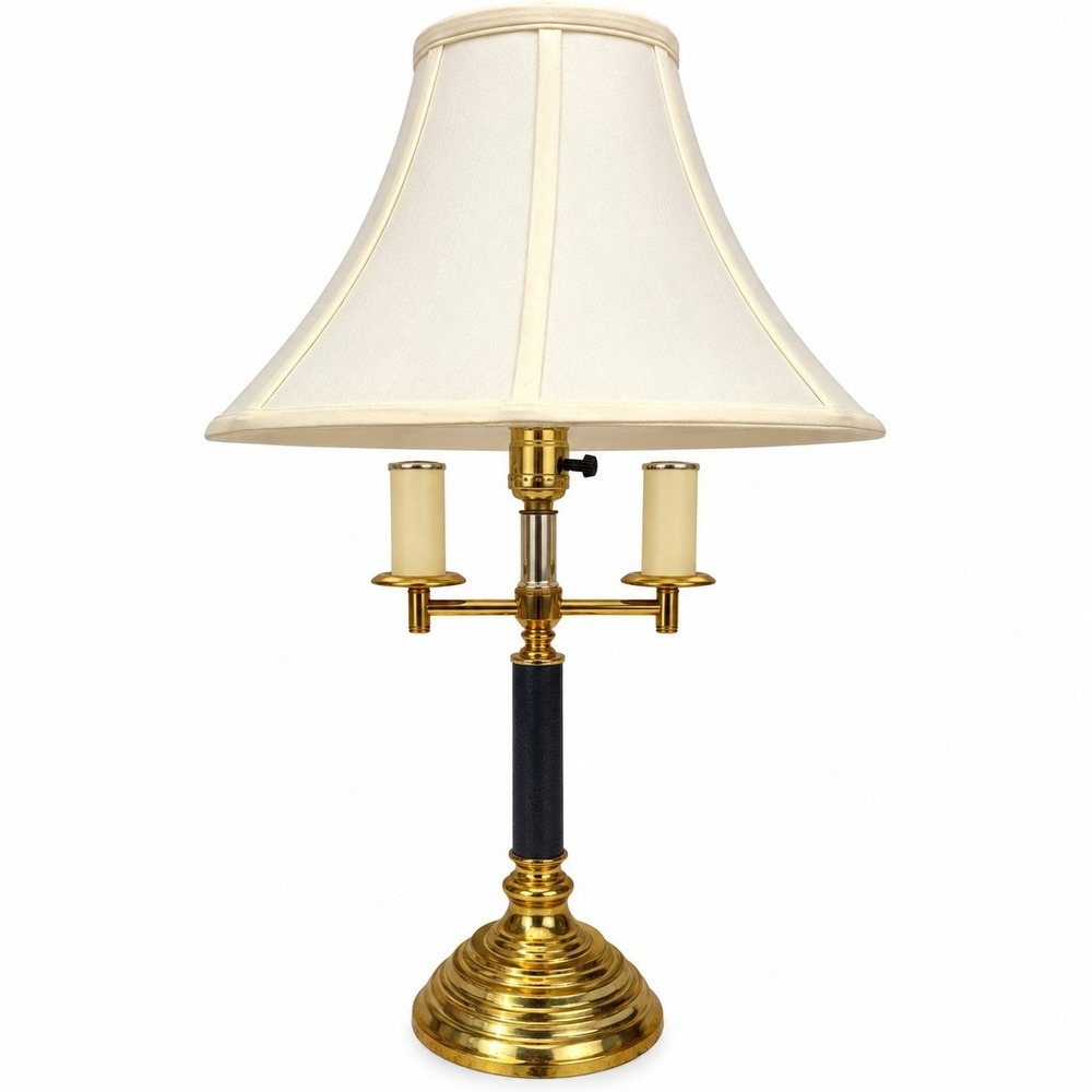 Vintage Alsy Table Lamp Brass Navy Blue Faux Leather 3 Light Hollywood Regency